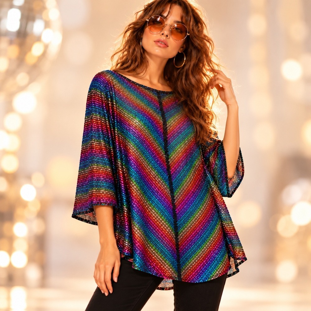 Vintage 70s 80s The More the Merrier Disco Blouse Rainbow Lurex Metallic Glam 44